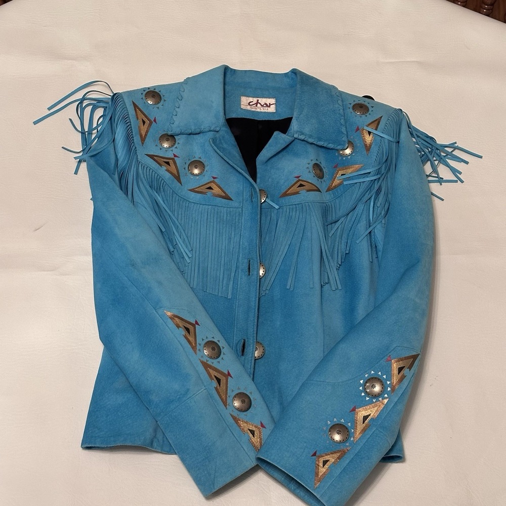 70s Char Santa Fe Fringe Leather Jacket Womens 8 Turquoise Painted RARE MINT